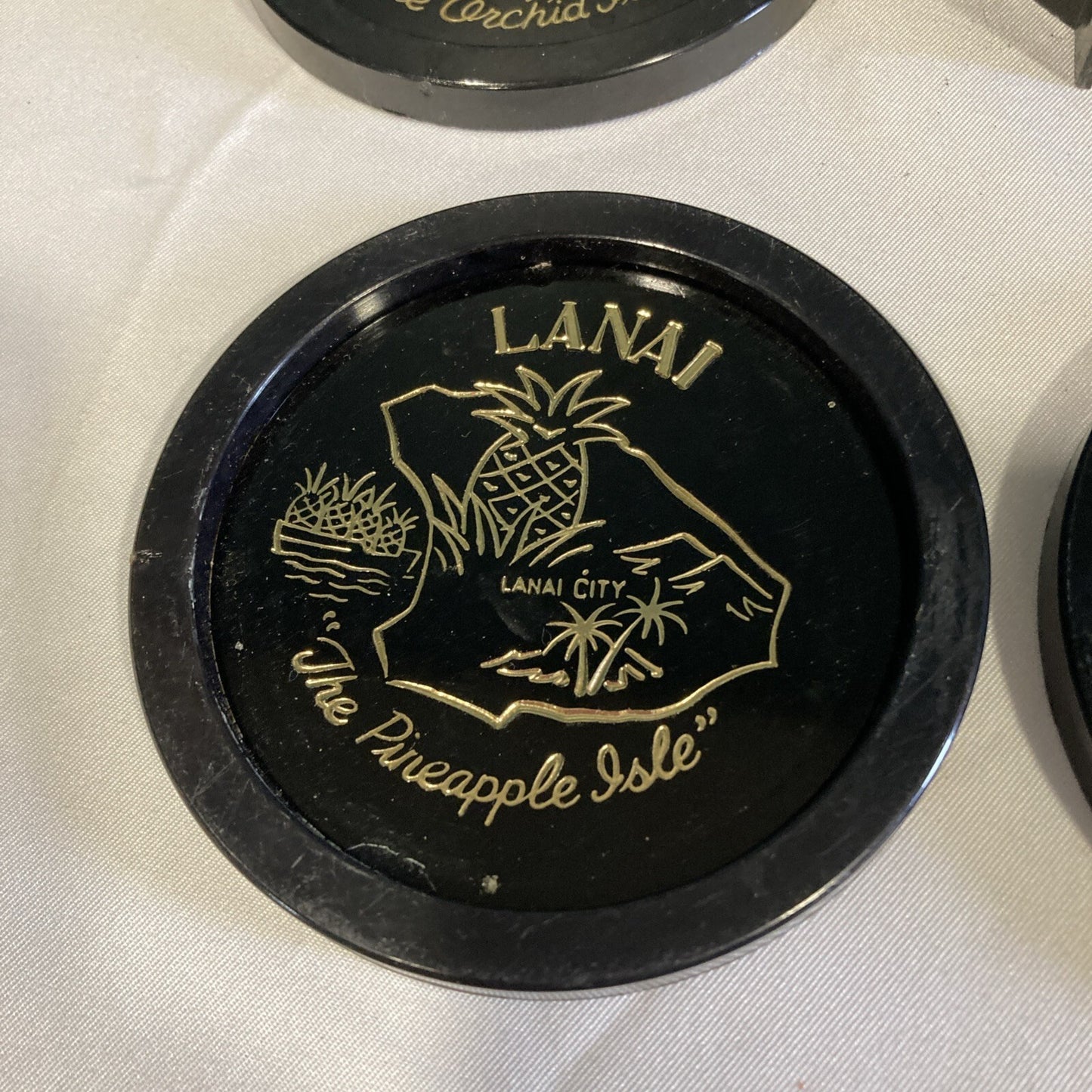 Vintage Black Plastic Hawaii Islands Coasters Set of 5 Round