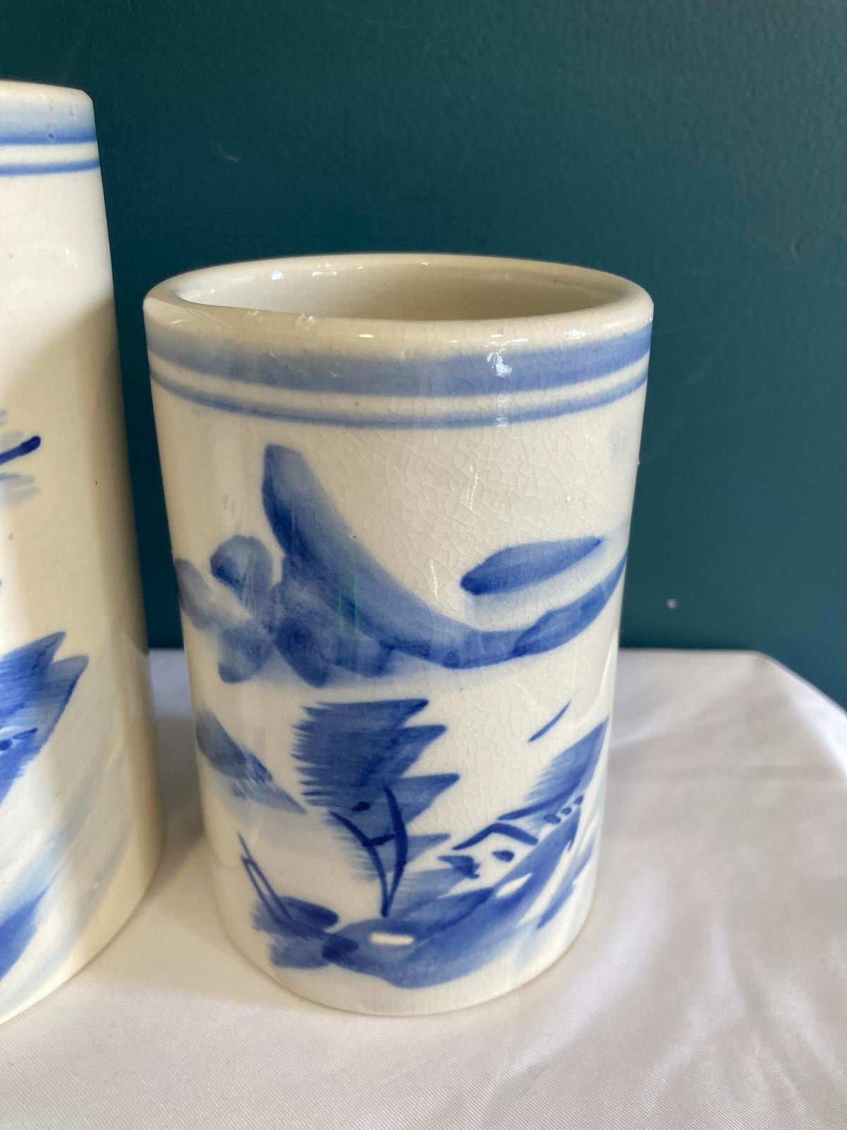 Vintage Blue and White Artist Brush Crock Set