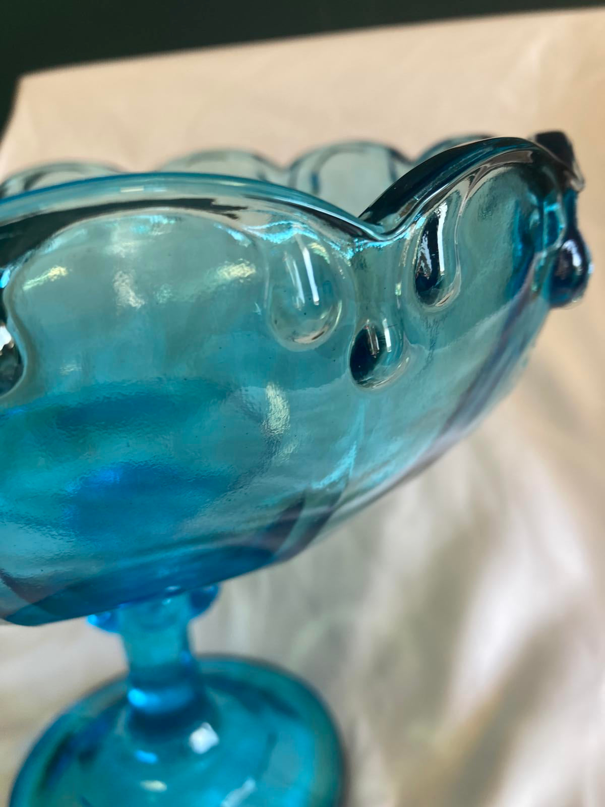 Vintage Blue Glass Compote Pedestal Bowl – Scalloped Edge