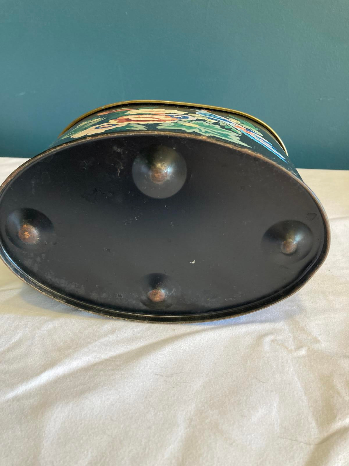 Vintage Toleware Small Oval Peacock Cachepot or Planter