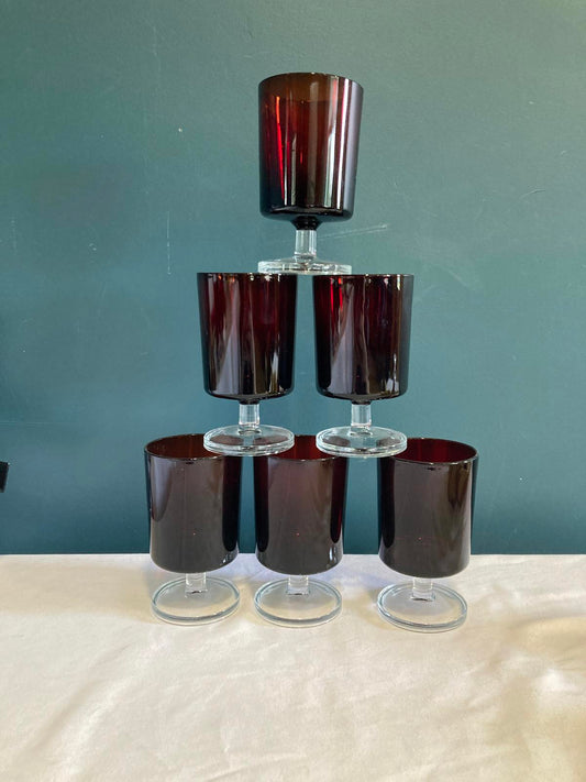 Vintage Luminarc French Glasses Red with Clear Stem, Set of 6
