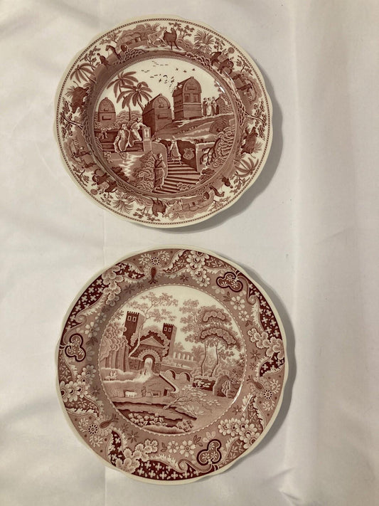Pair of red Spode dinner plates from the Archive Collection featuring Castle and Caramanian designs. made in england