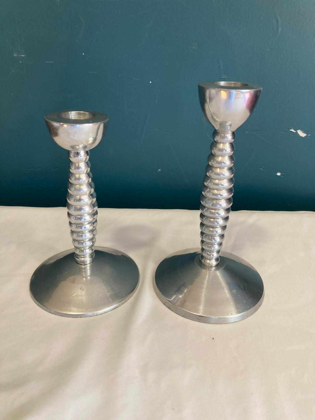 Metalworks by International Stacked Ring Candlesticks Pair Mid Century Modern