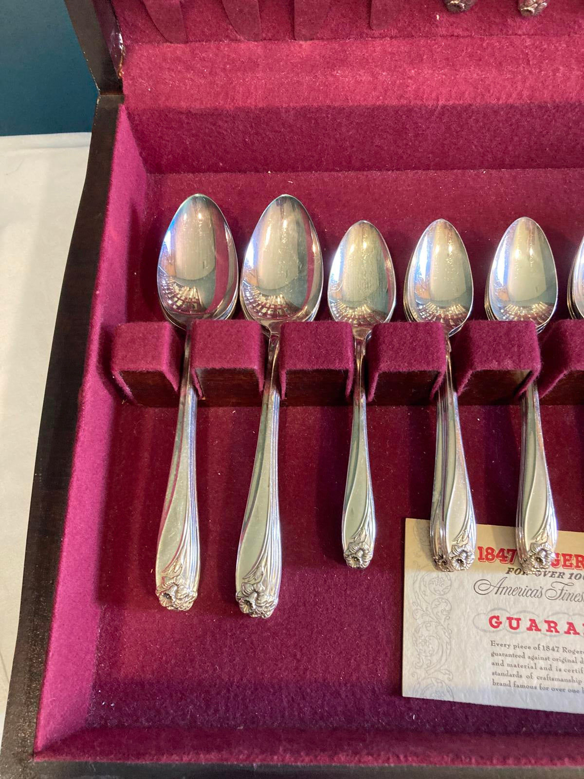 W.M. Rogers Daffodil Silverplate Flatware Set of 52 in Tarnish Free Wooden Case