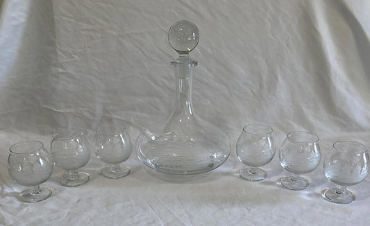 Midcentury Toscany Brandy Decanter with Etched Ships and 6 Glasses Vintage Bar