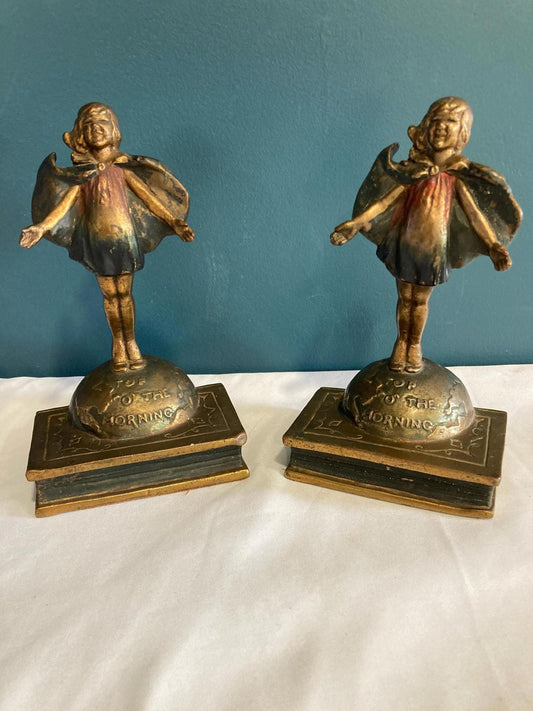 Antique Pompeian Bronze Bookends Laura Archibald 1920 Top O' The Morning Girl, Set of 2