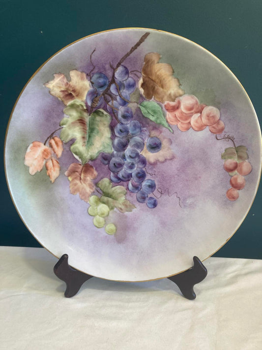 Vintage Hand-Painted Grapes Plate 12" Porcelain Wall Decor Signed
