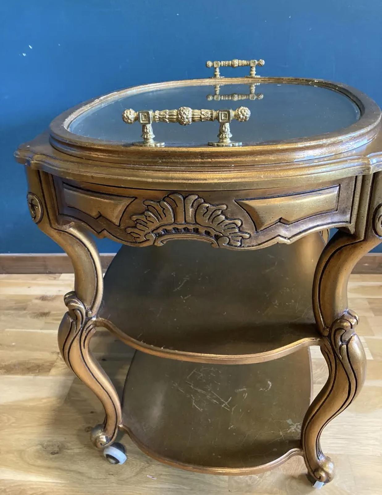 Mid-Century Hollywood Regency Gold Rolling Bar Cart With Lift Off Tray