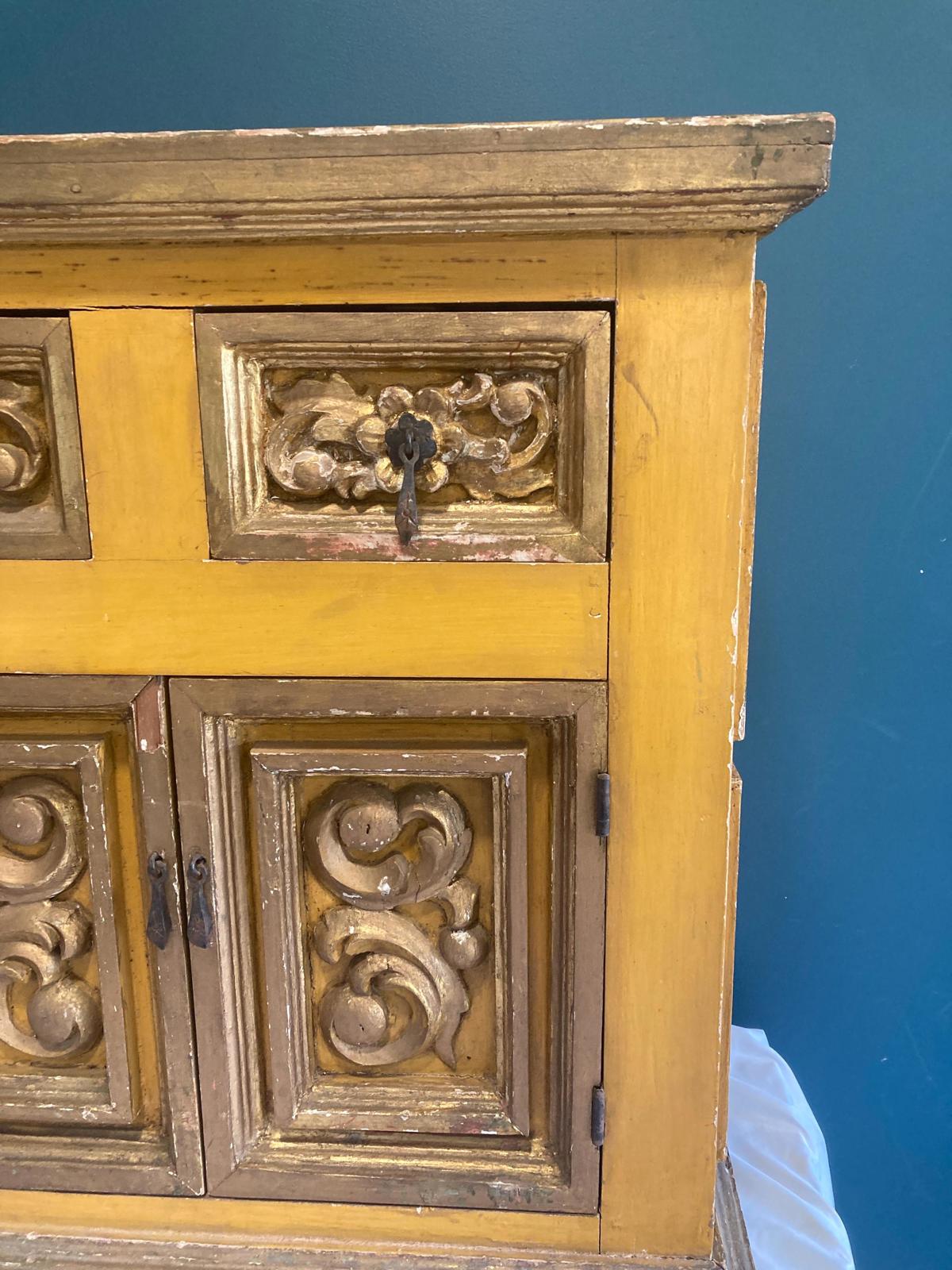 Antique Hand Carved Yellow and Gold Small Painted Wood Cabinet