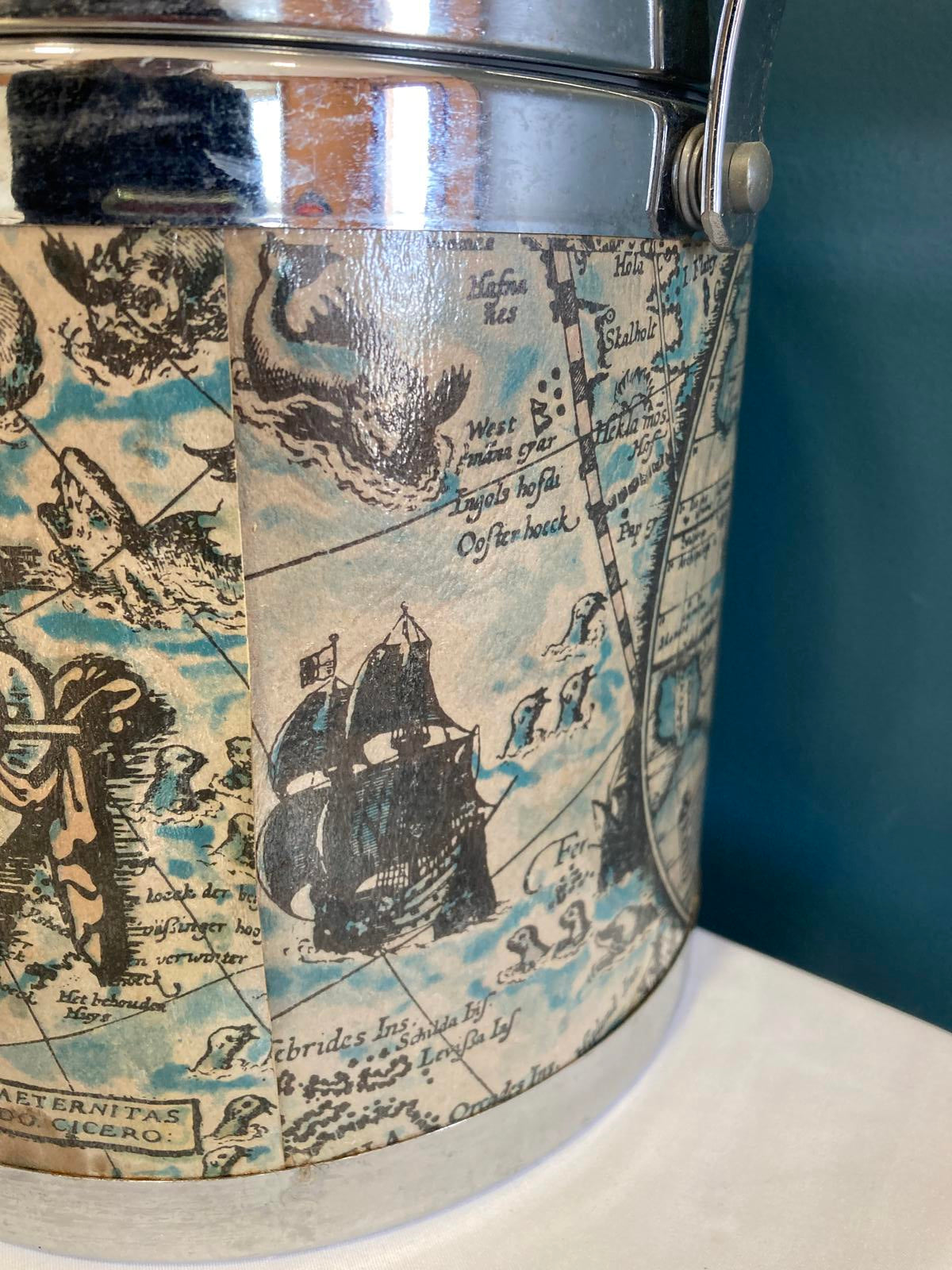 Vintage Ice Bucket Barware Antique Old World Map Design