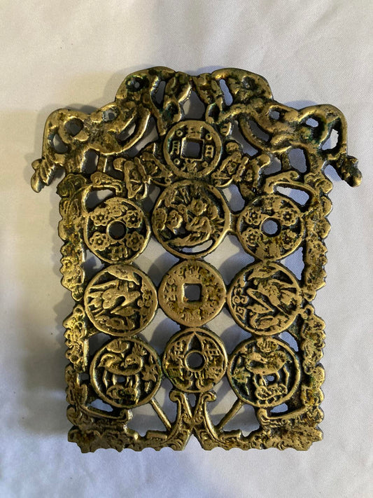 Vintage Solid Brass Asian Coin Trivet Wall Decor