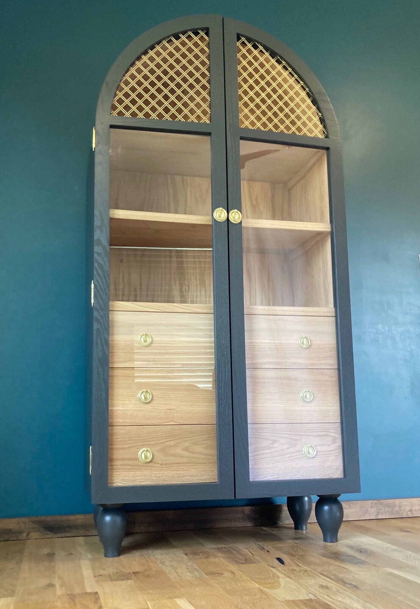 Two (2) New Hand Crafted Arched Cabinet with 3 Drawers For Lowengart Cient