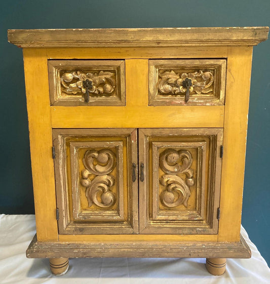 Antique Hand Carved Yellow and Gold Small Painted Wood Cabinet