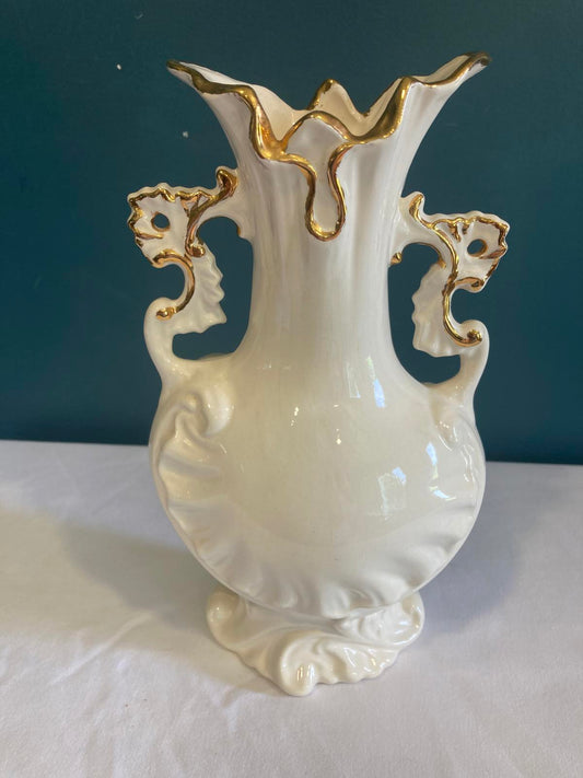 White Ceramic Vase with Gold Trim – Rococo Revival Scroll Handles