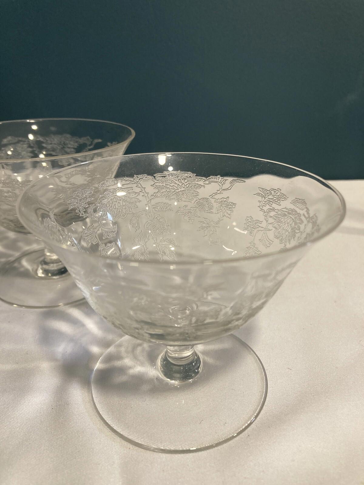 Tiffin Etched Rose Sherbet Dessert Dish, Set of 3, Vintage Floral Dish