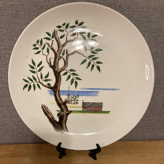 1949 hand-painted ceramic platter by Santa Anita Ware with barn and church scenes, showing vintage wear.