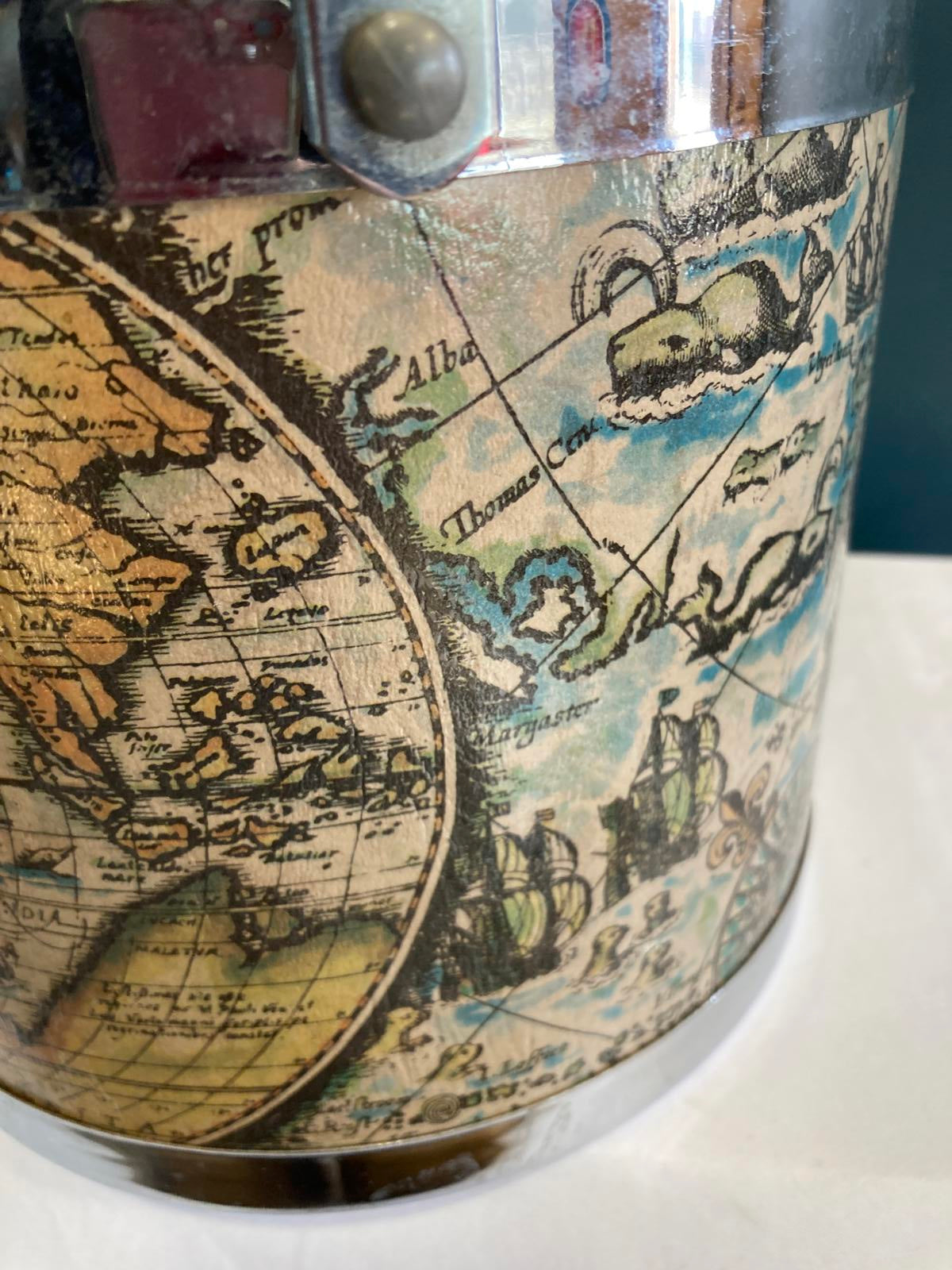 Vintage Ice Bucket Barware Antique Old World Map Design