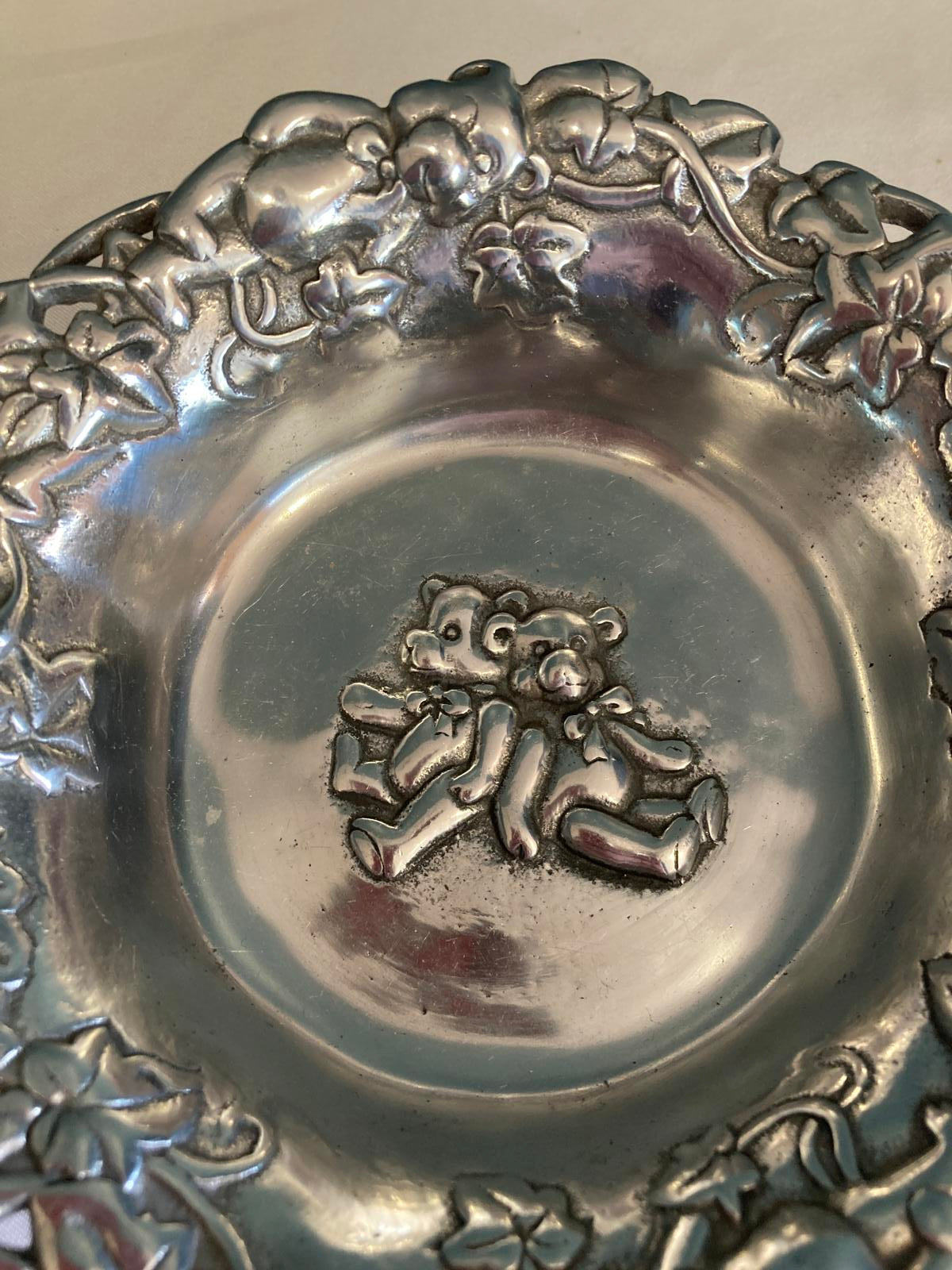 Arthur Court Teddy Bear Bowl Silver Aluminum Ornate Floral Rim