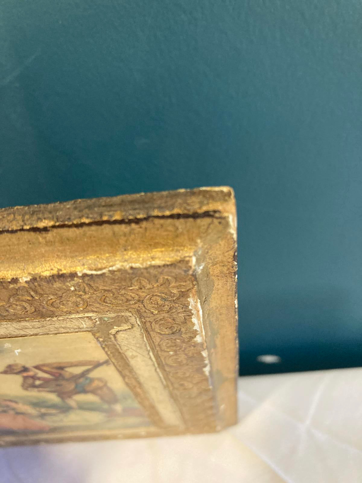 Vintage Italian Gold Framed Romantic Scene on Wood