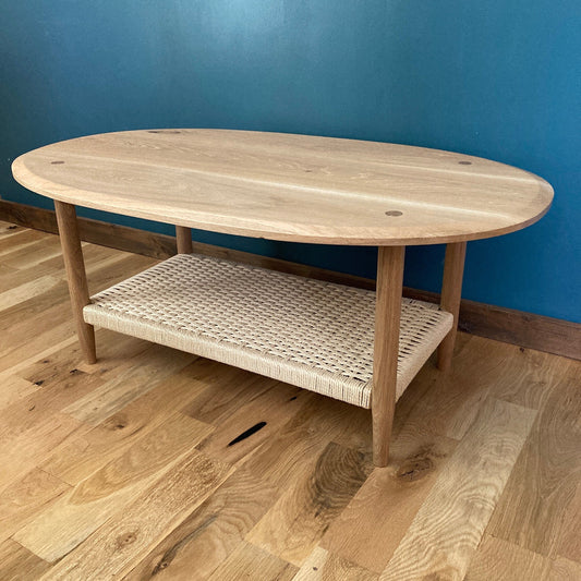 Handcrafted Solid Oak Danish Modern Coffee Table With Danish Paper Cord Shelf