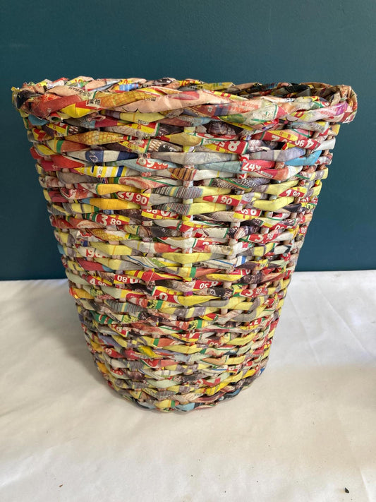 Vintage Woven Paper Wastebasket | Twisted Advertisement Basket | Upcycled Decor