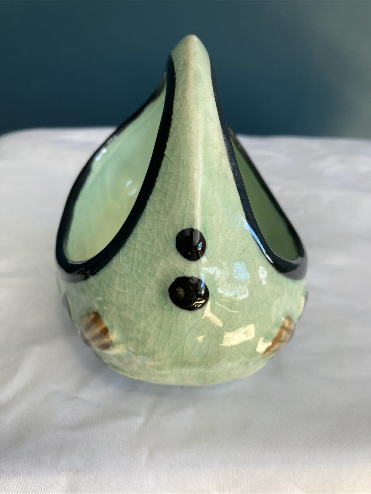 Vintage Japan Ceramic Basket Hand Painted Flowers Green with Black Edge 4"