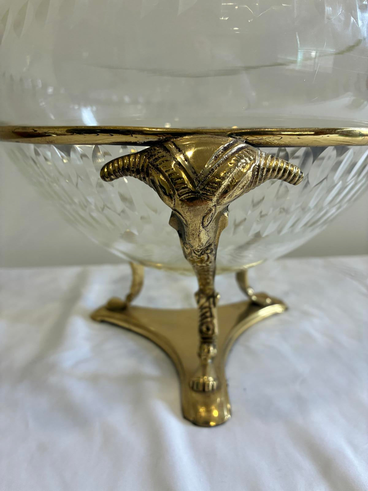 Vintage Brass Ram Head Glass Bowl Centerpiece Hollywood Regency Footed Bowl