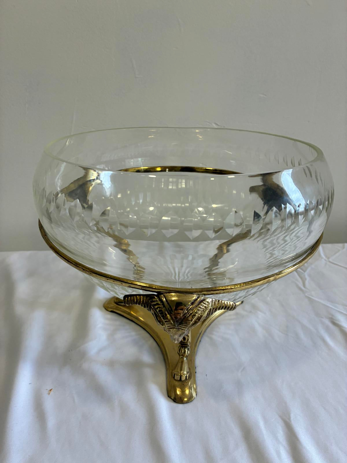 Vintage Brass Ram Head Glass Bowl Centerpiece Hollywood Regency Footed Bowl