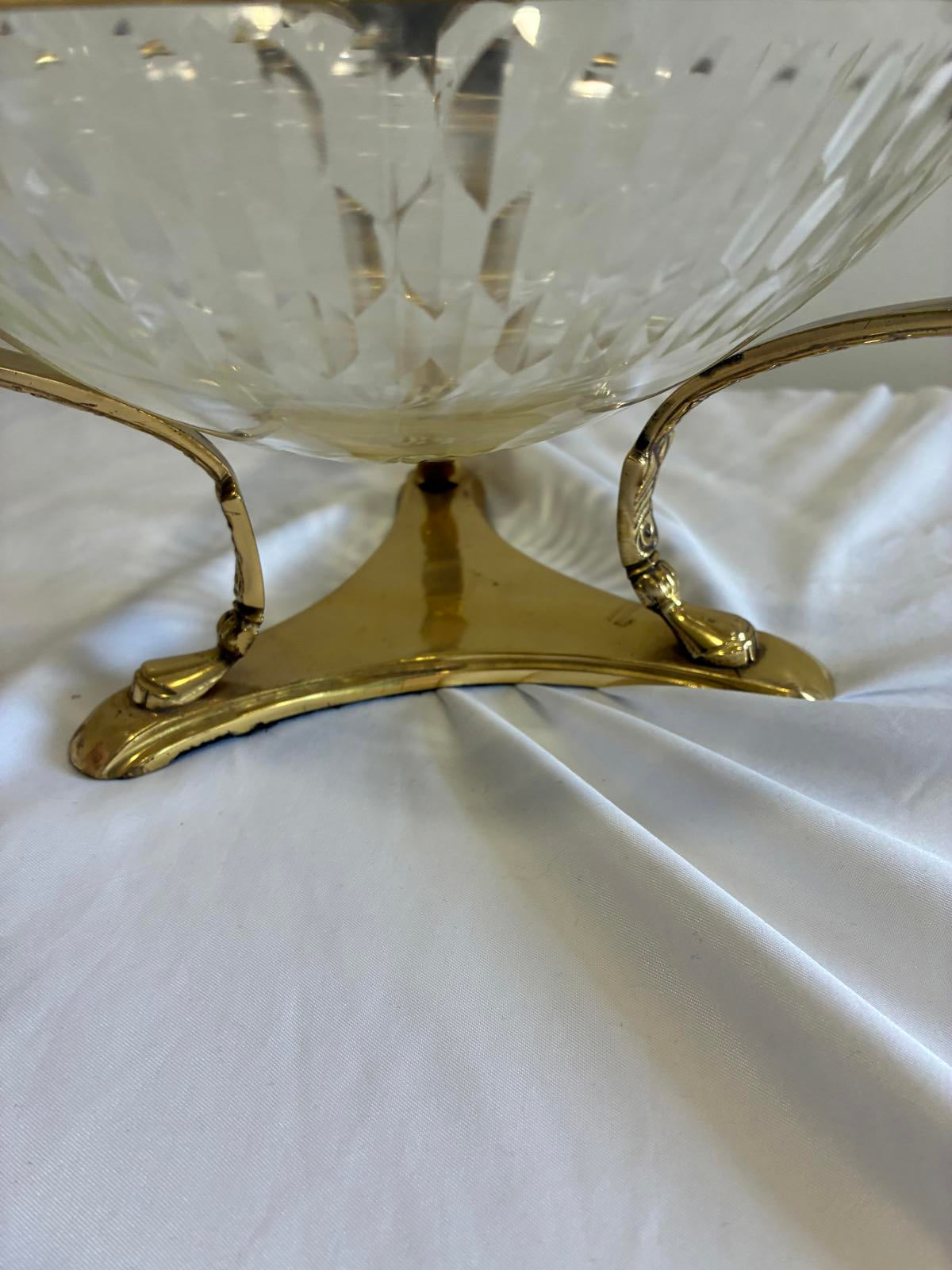 Vintage Brass Ram Head Glass Bowl Centerpiece Hollywood Regency Footed Bowl