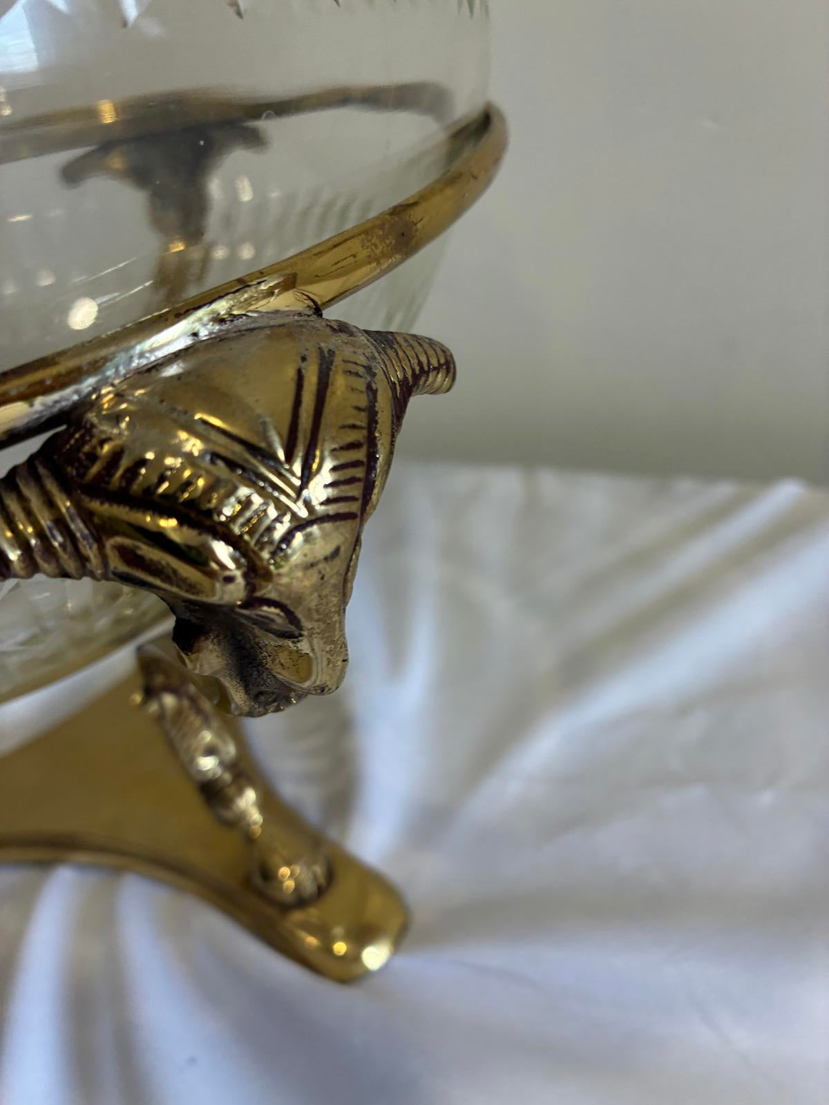 Vintage Brass Ram Head Glass Bowl Centerpiece Hollywood Regency Footed Bowl