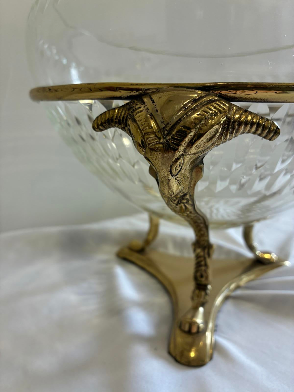 Vintage Brass Ram Head Glass Bowl Centerpiece Hollywood Regency Footed Bowl