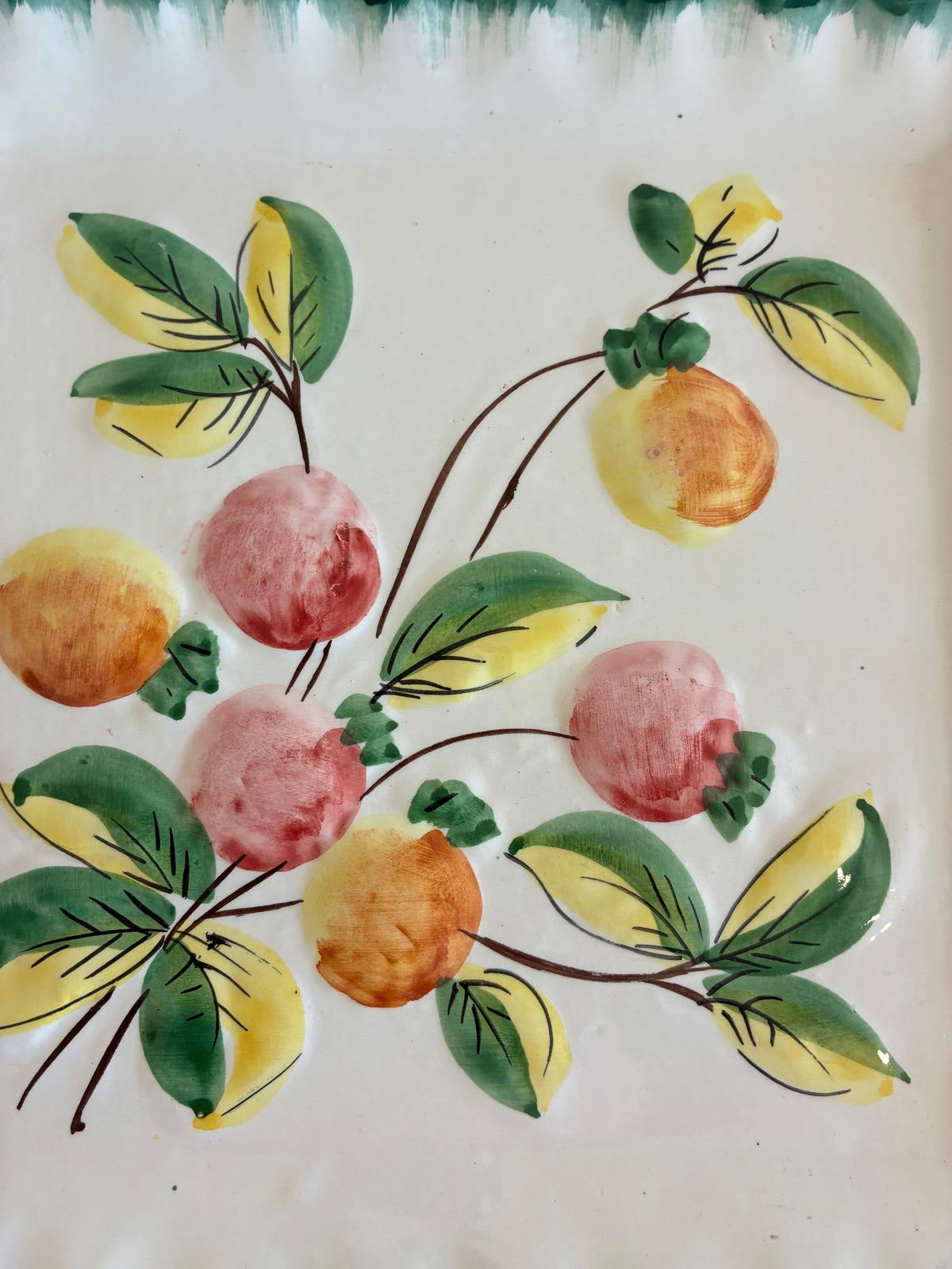 Vintage NSP Italy Hand Painted Fruit Plate Italian Pottery with Green Trim