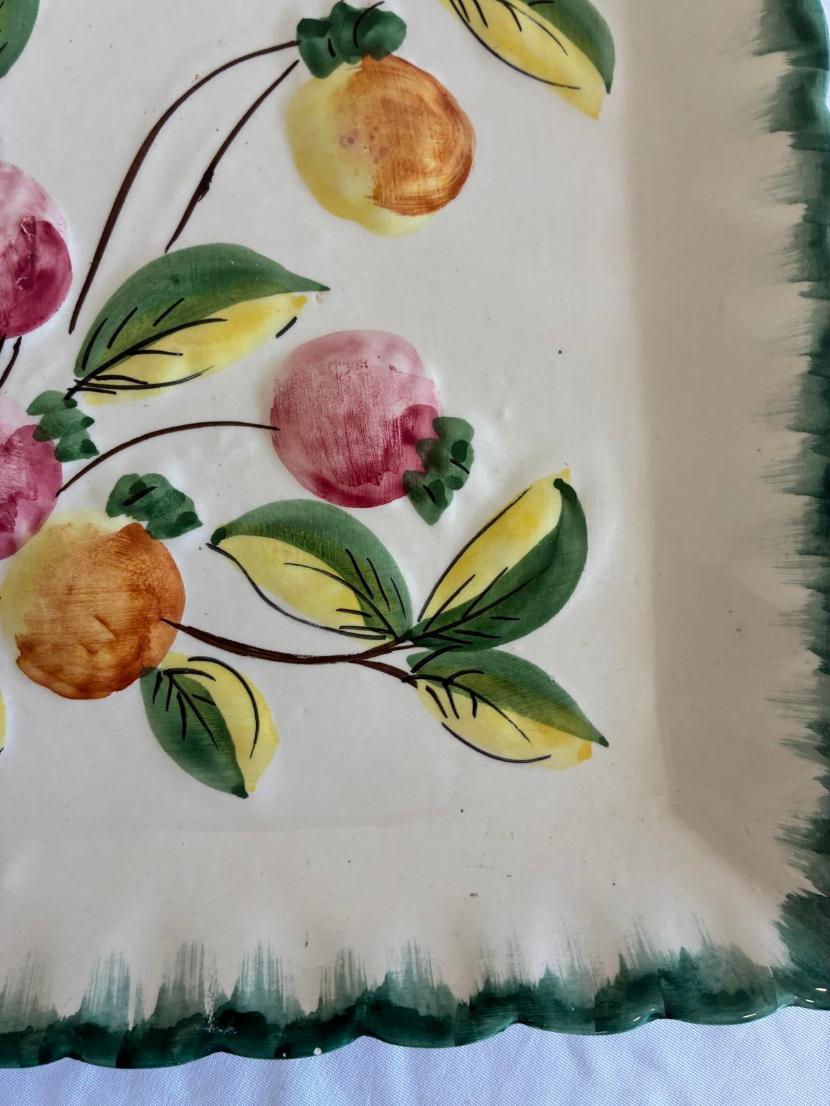 Vintage NSP Italy Hand Painted Fruit Plate Italian Pottery with Green Trim