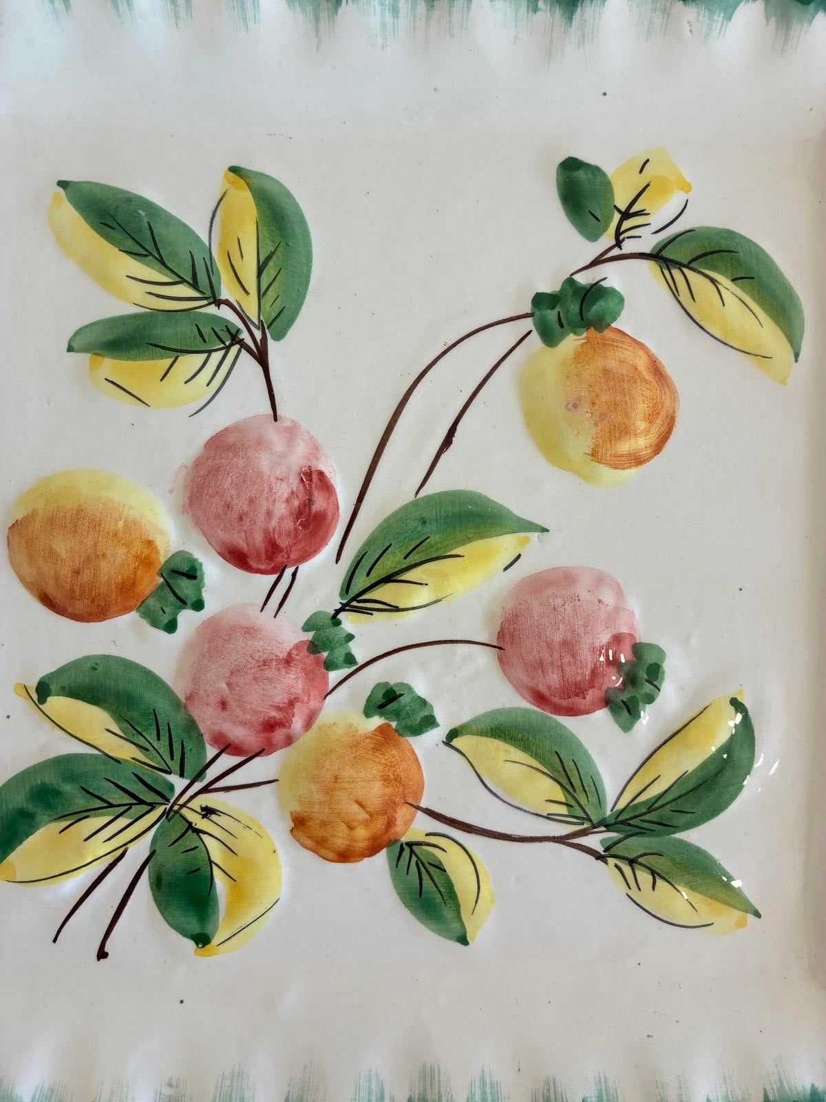 Vintage NSP Italy Hand Painted Fruit Plate Italian Pottery with Green Trim