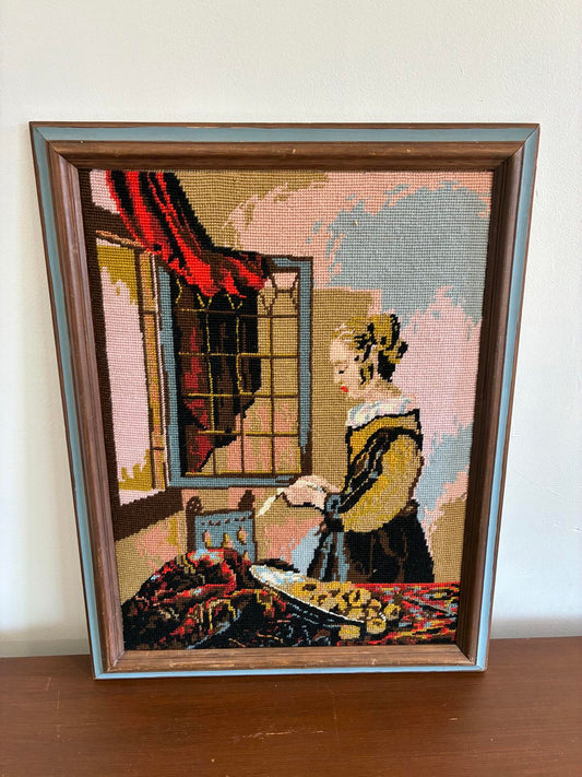 Vintage Needlepoint Wall Art Vermeer Girl Reading Framed Needlework Textile Art