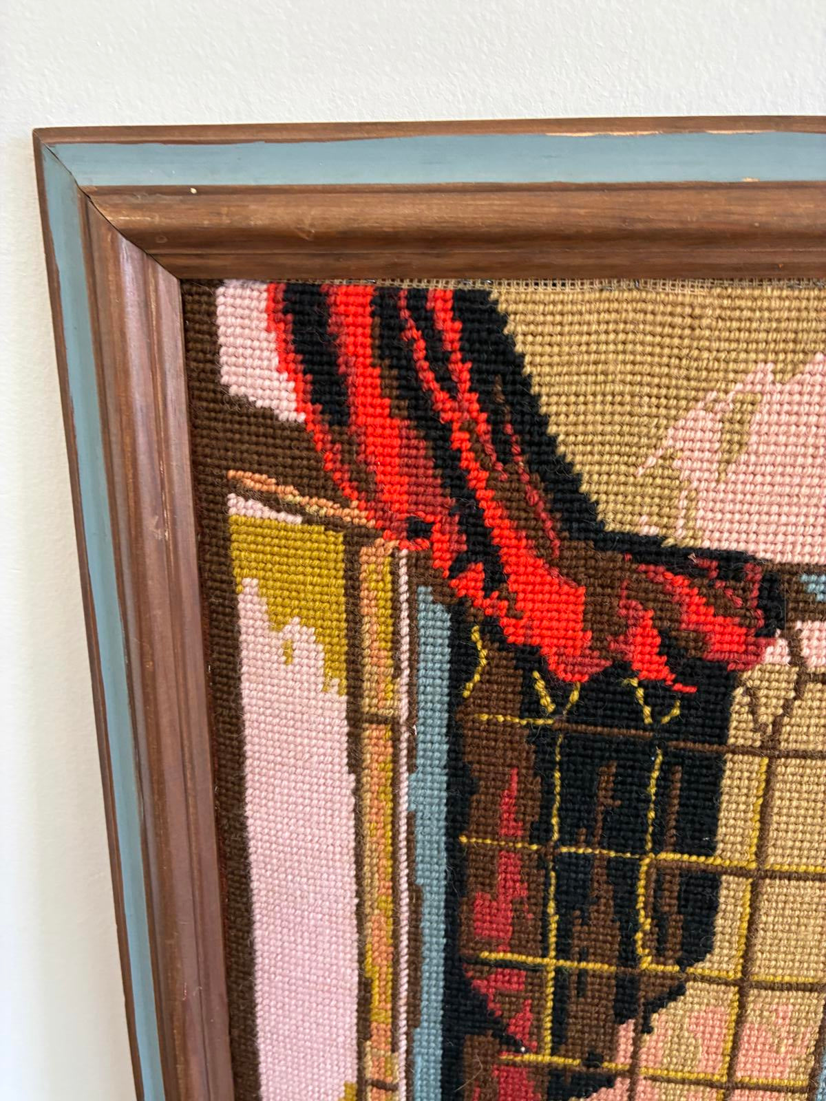 Vintage Needlepoint Wall Art Vermeer Girl Reading Framed Needlework Textile Art