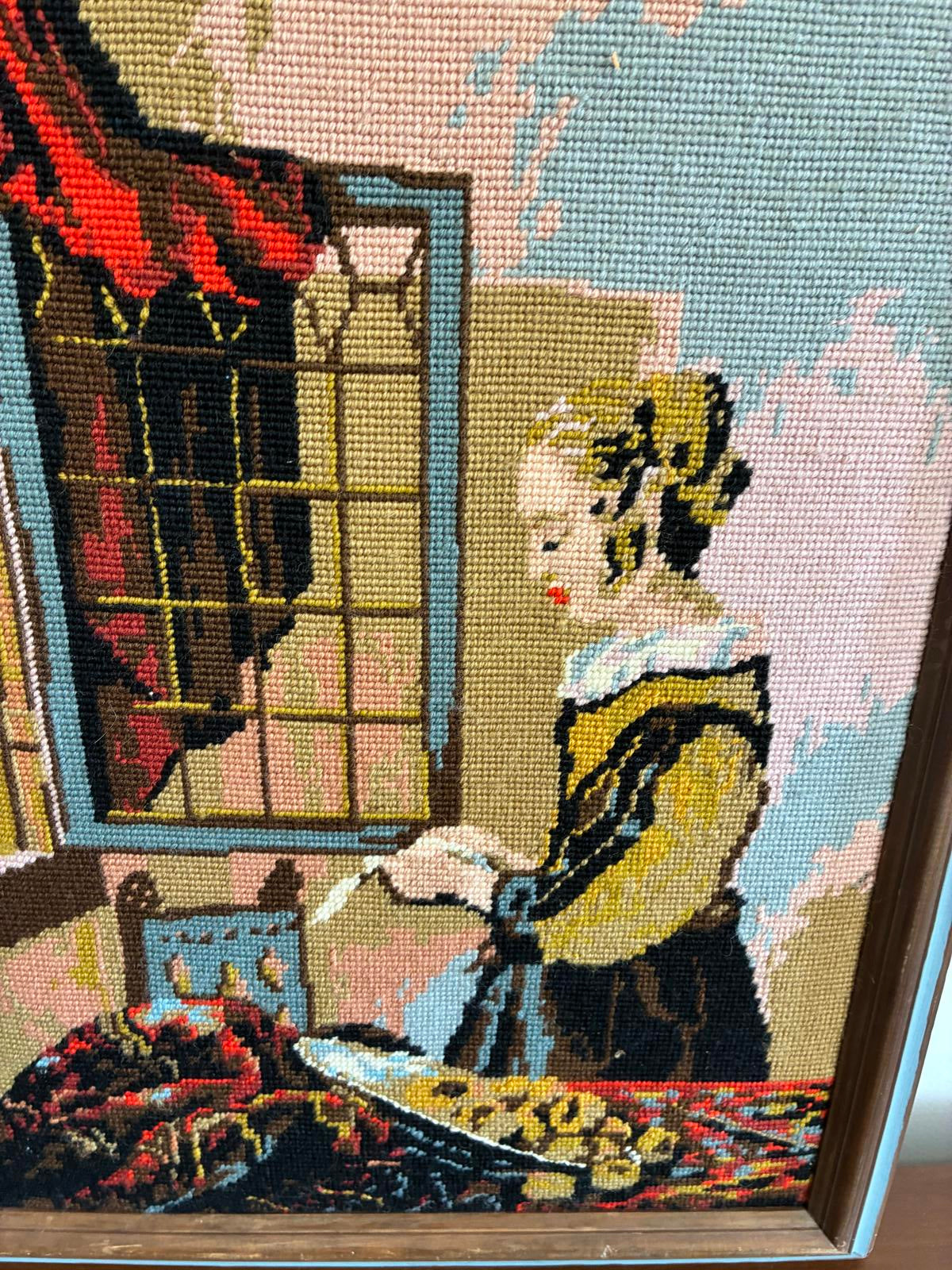 Vintage Needlepoint Wall Art Vermeer Girl Reading Framed Needlework Textile Art