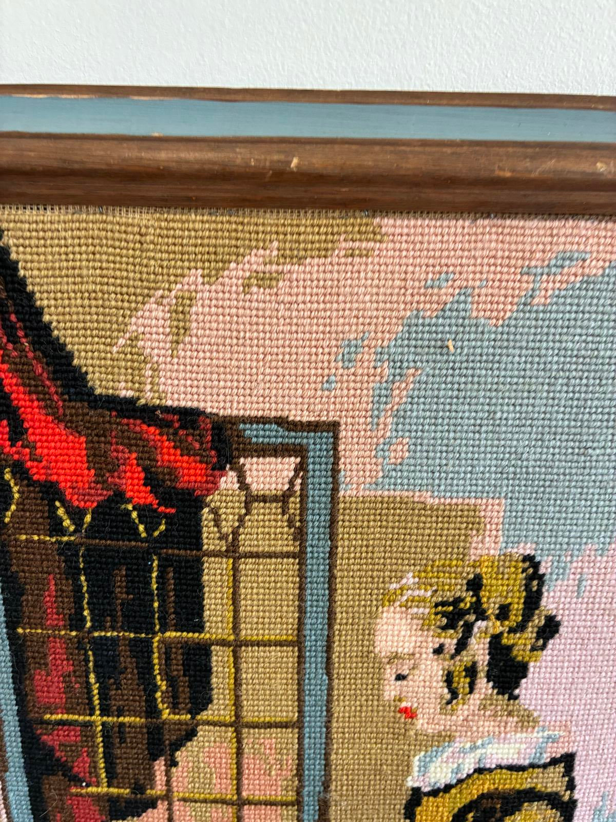 Vintage Needlepoint Wall Art Vermeer Girl Reading Framed Needlework Textile Art