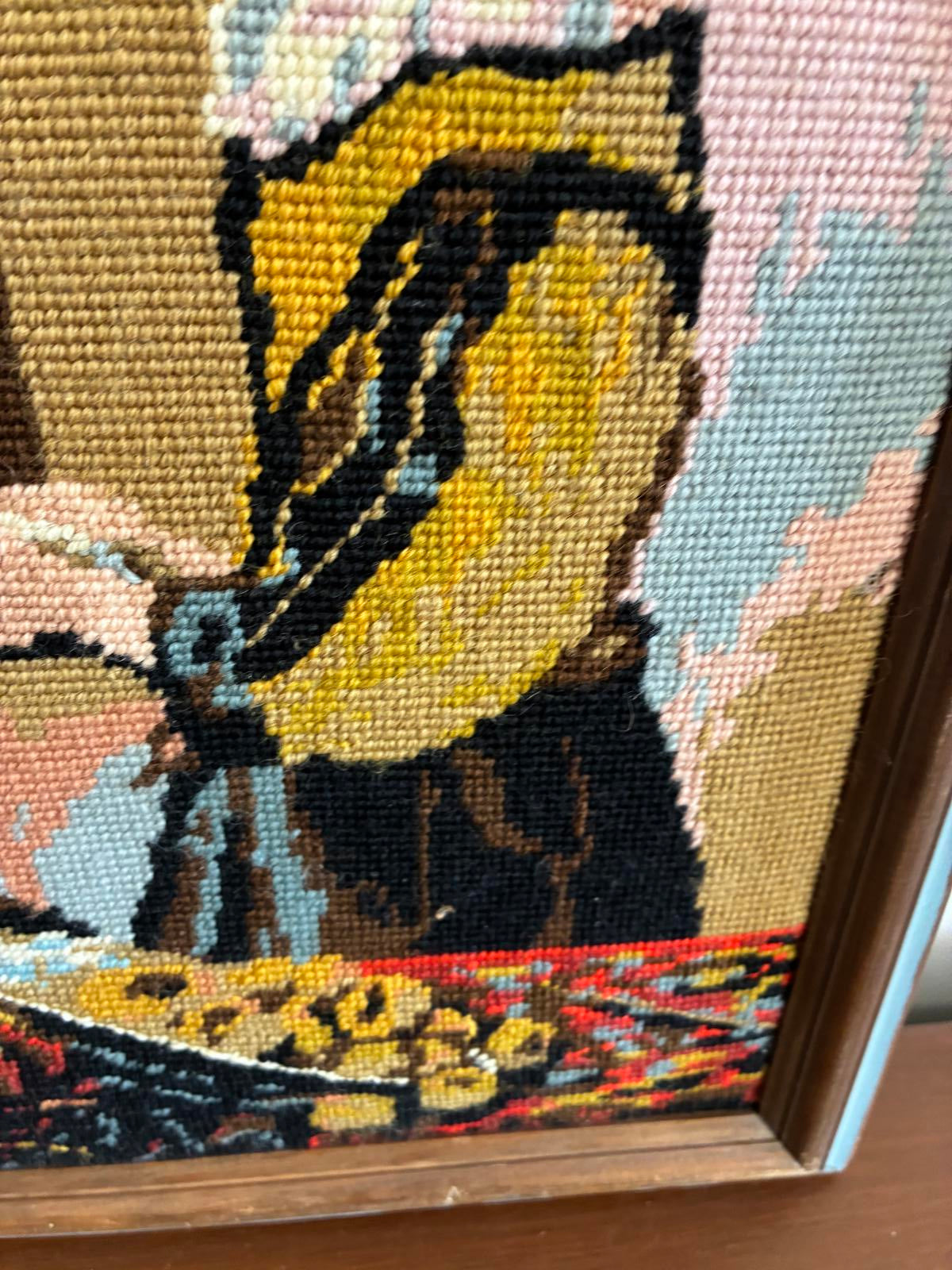 Vintage Needlepoint Wall Art Vermeer Girl Reading Framed Needlework Textile Art