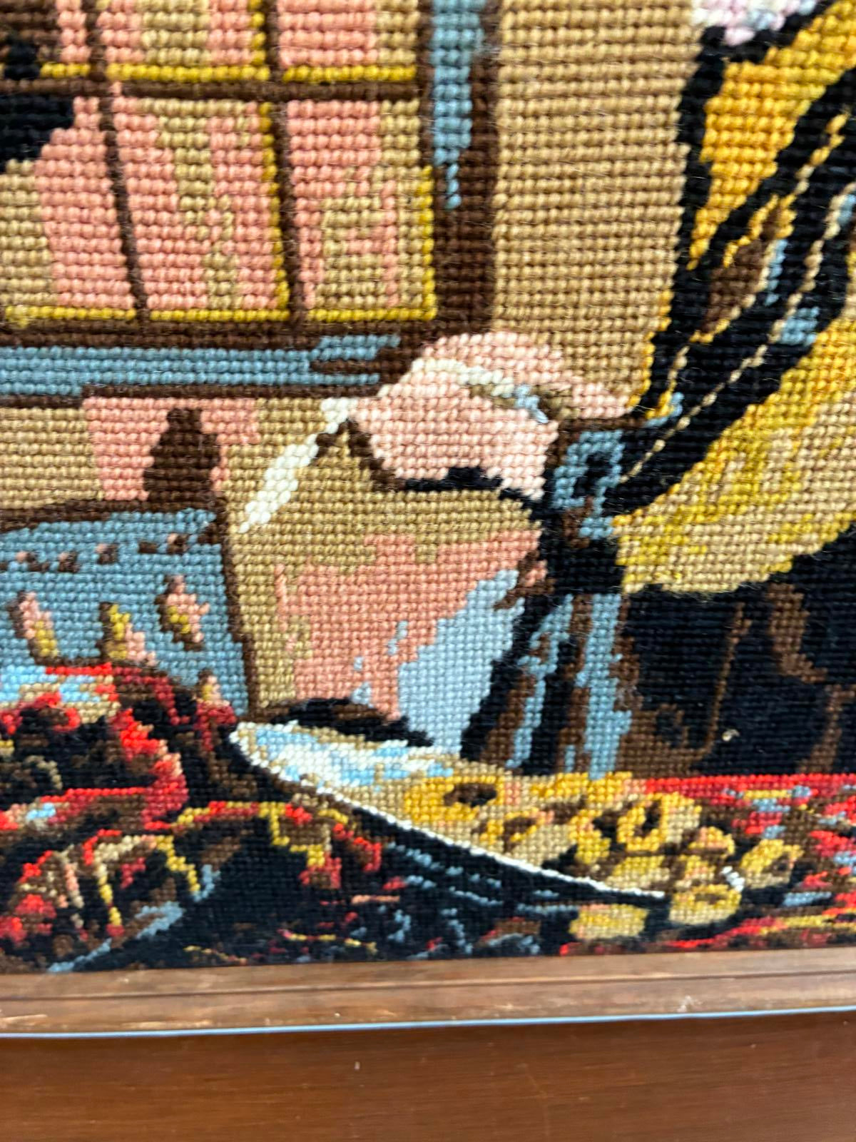 Vintage Needlepoint Wall Art Vermeer Girl Reading Framed Needlework Textile Art