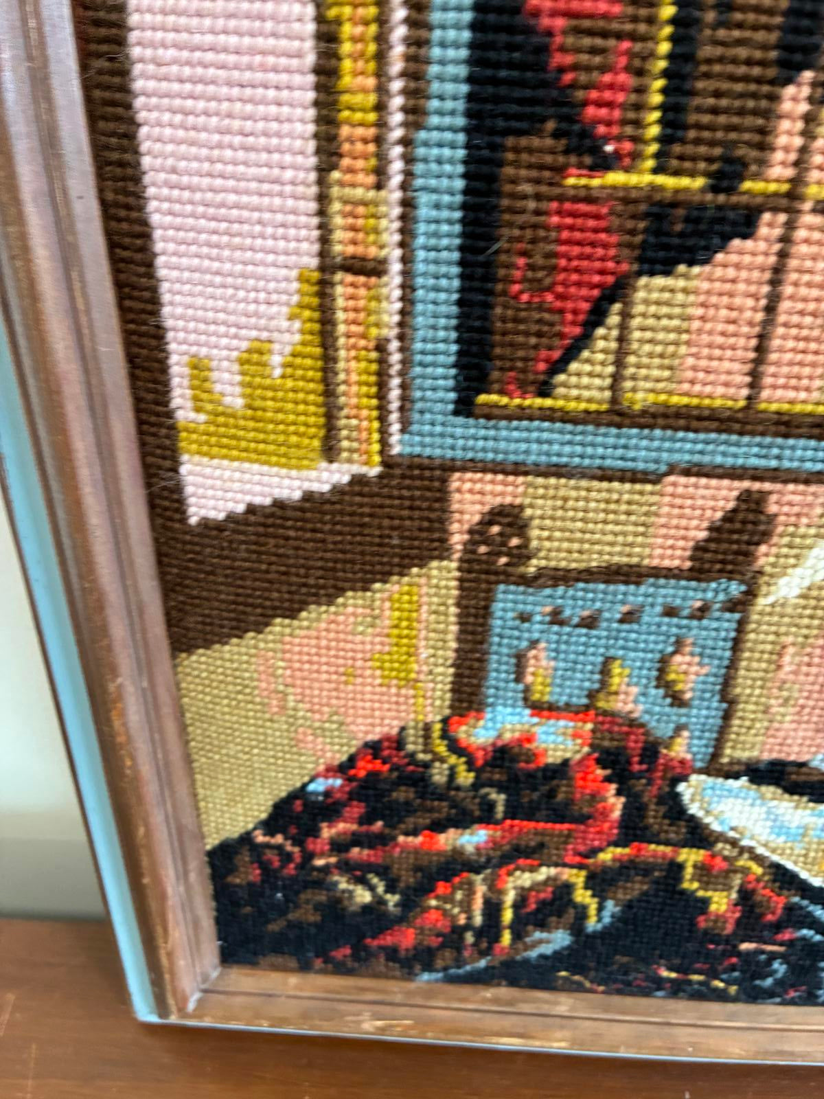 Vintage Needlepoint Wall Art Vermeer Girl Reading Framed Needlework Textile Art