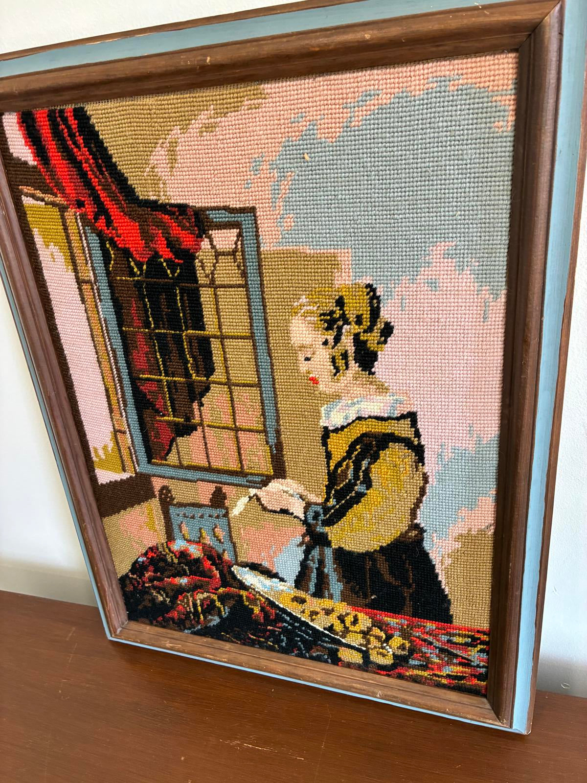 Vintage Needlepoint Wall Art Vermeer Girl Reading Framed Needlework Textile Art