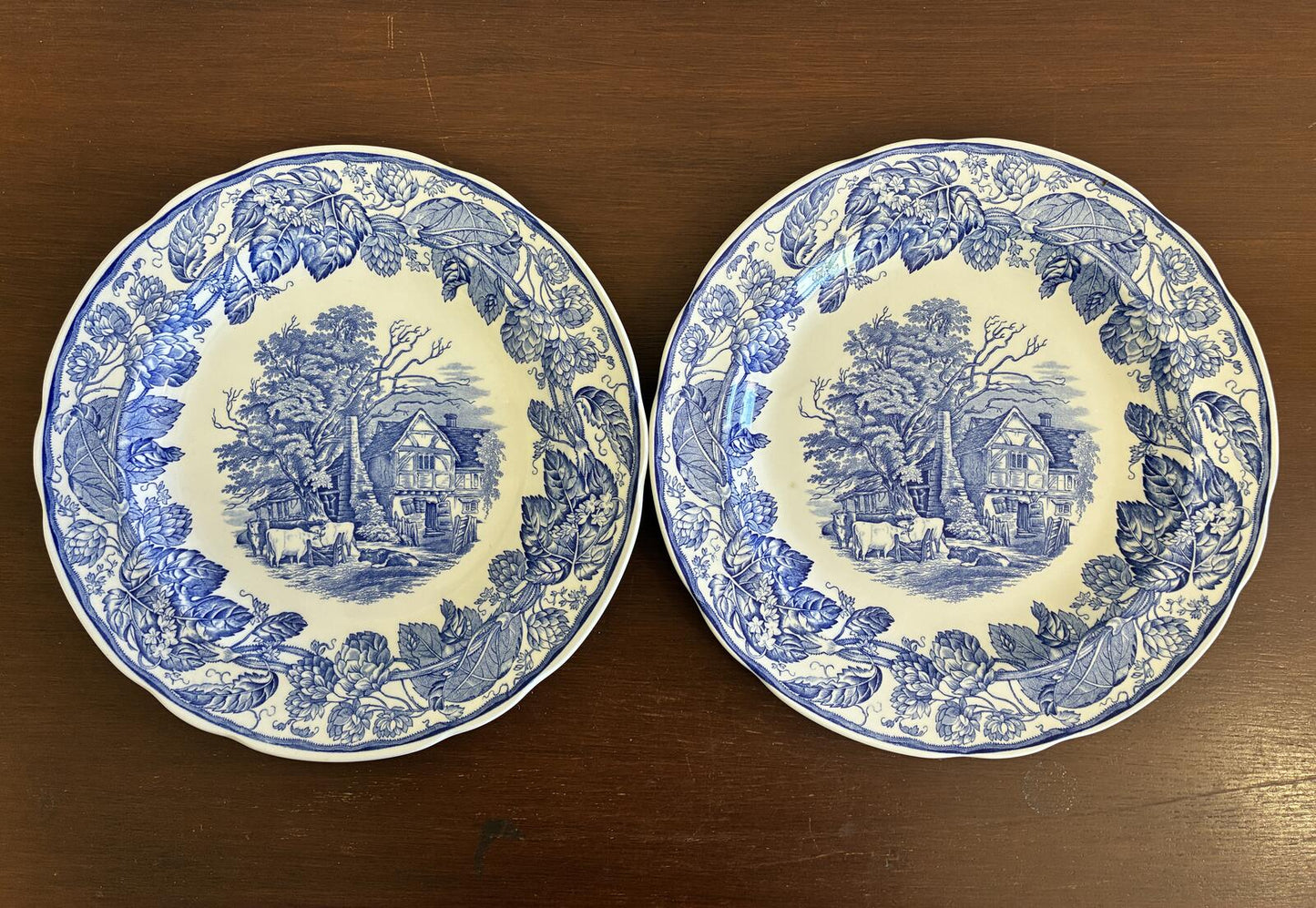 Vintage Spode Rural Scenes Blue White Plates set of 2 - Cottage Transferware