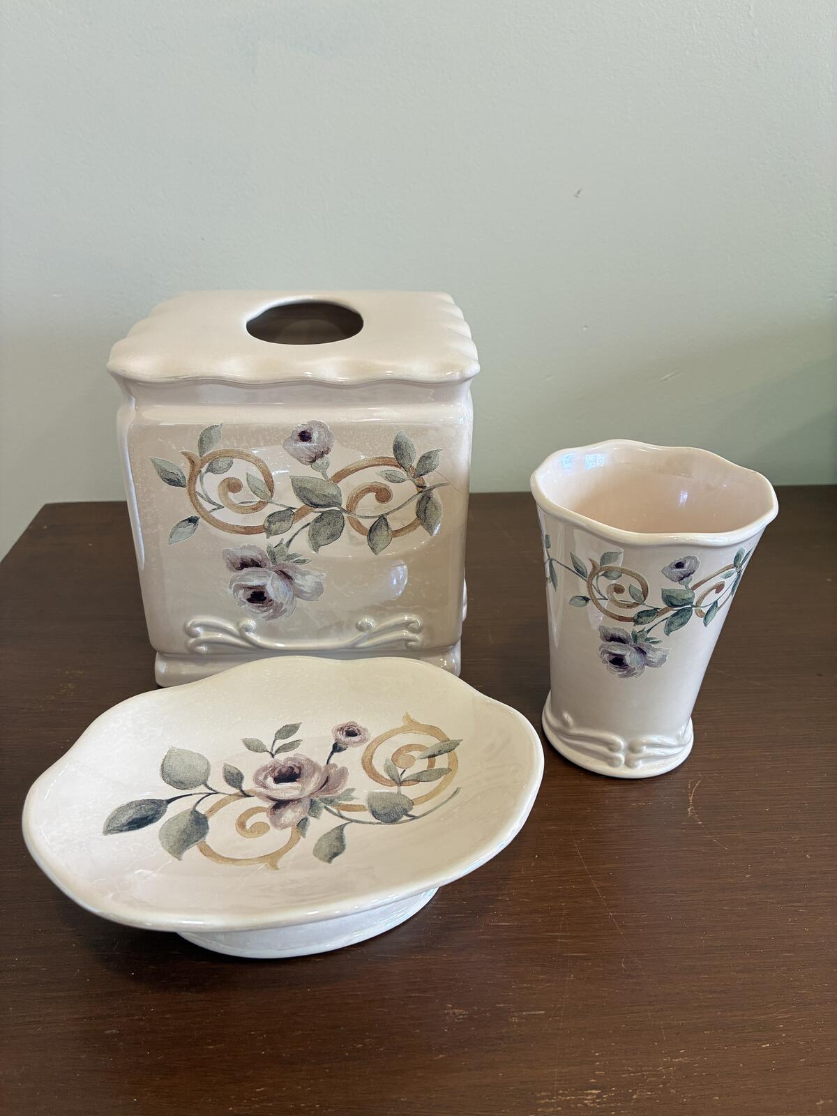Vintage Croscill 3-Piece Floral Rose Bathroom Set -Tissue Box, Cup, & Soap Dish