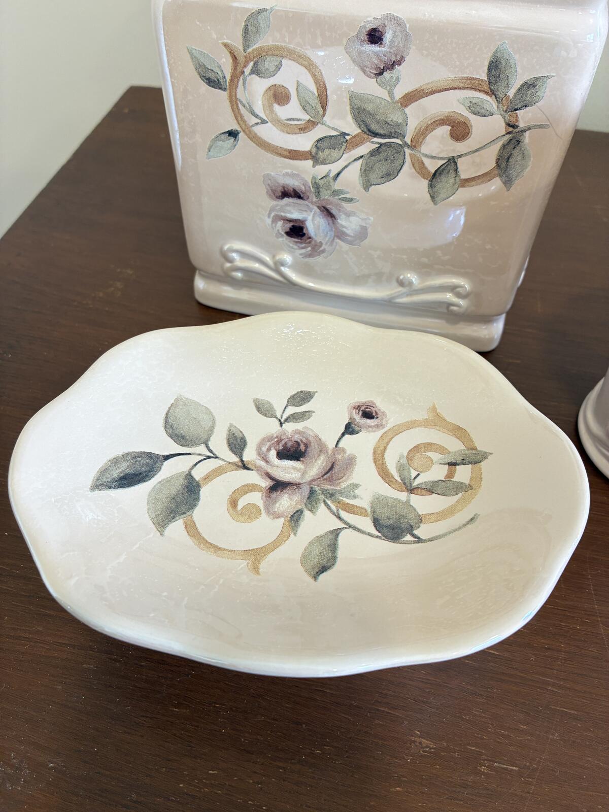 Vintage Croscill 3-Piece Floral Rose Bathroom Set -Tissue Box, Cup, & Soap Dish