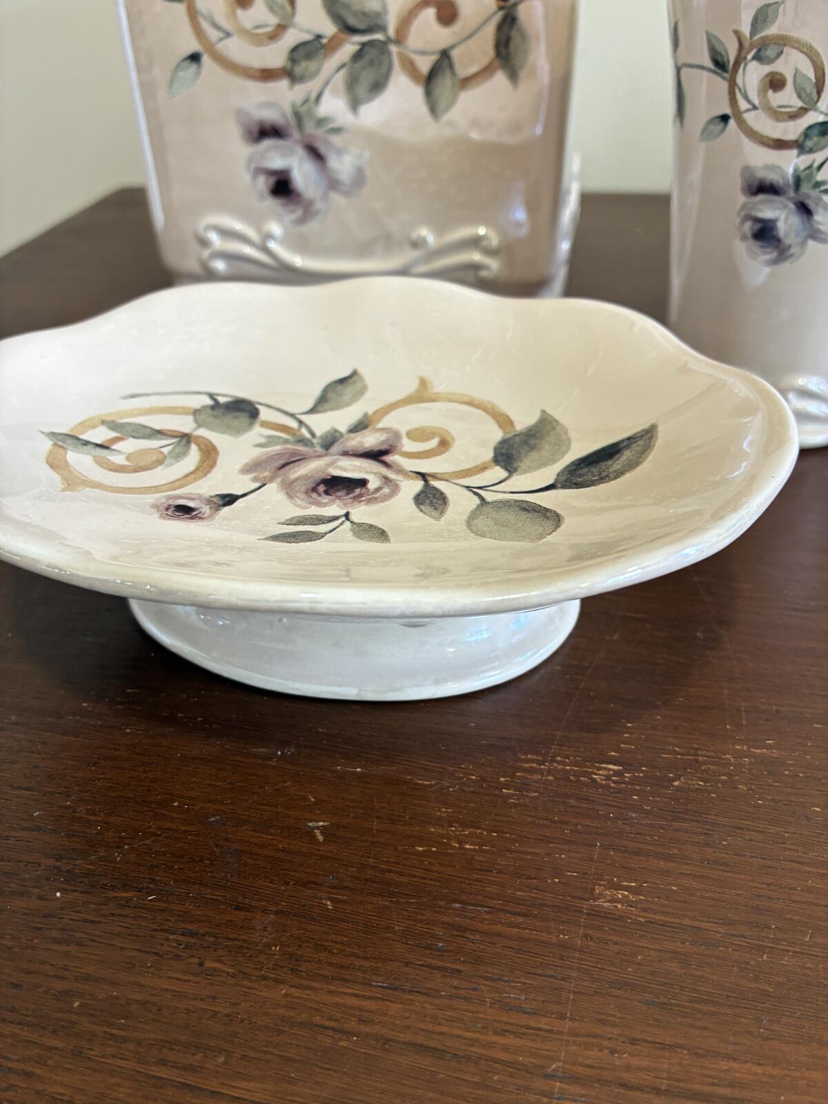 Vintage Croscill 3-Piece Floral Rose Bathroom Set -Tissue Box, Cup, & Soap Dish