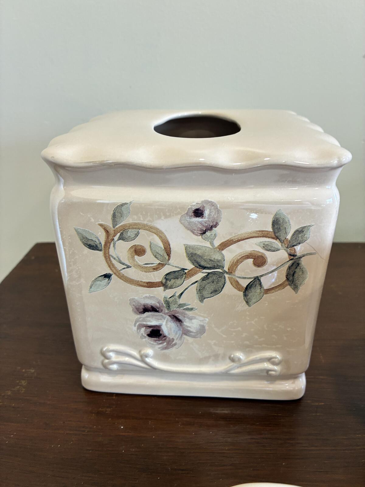 Vintage Croscill 3-Piece Floral Rose Bathroom Set -Tissue Box, Cup, & Soap Dish