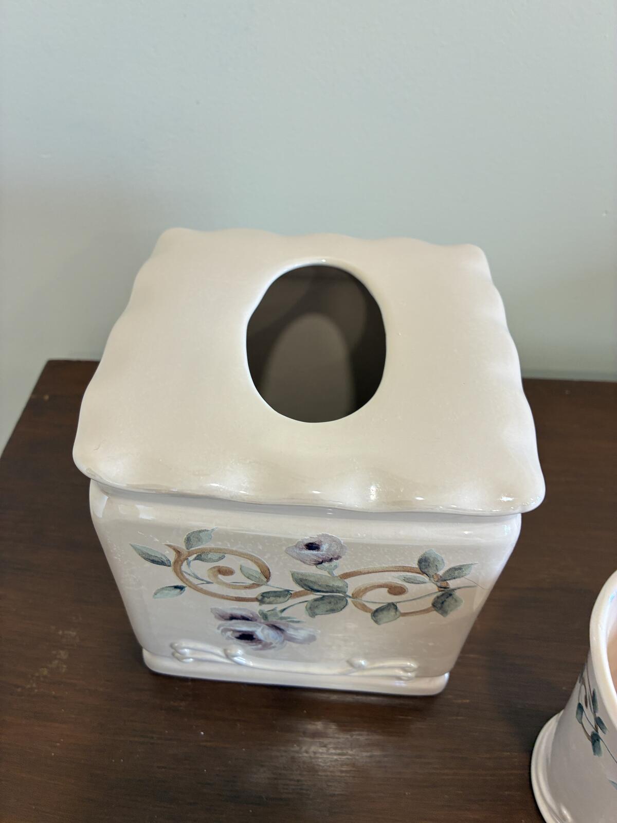 Vintage Croscill 3-Piece Floral Rose Bathroom Set -Tissue Box, Cup, & Soap Dish