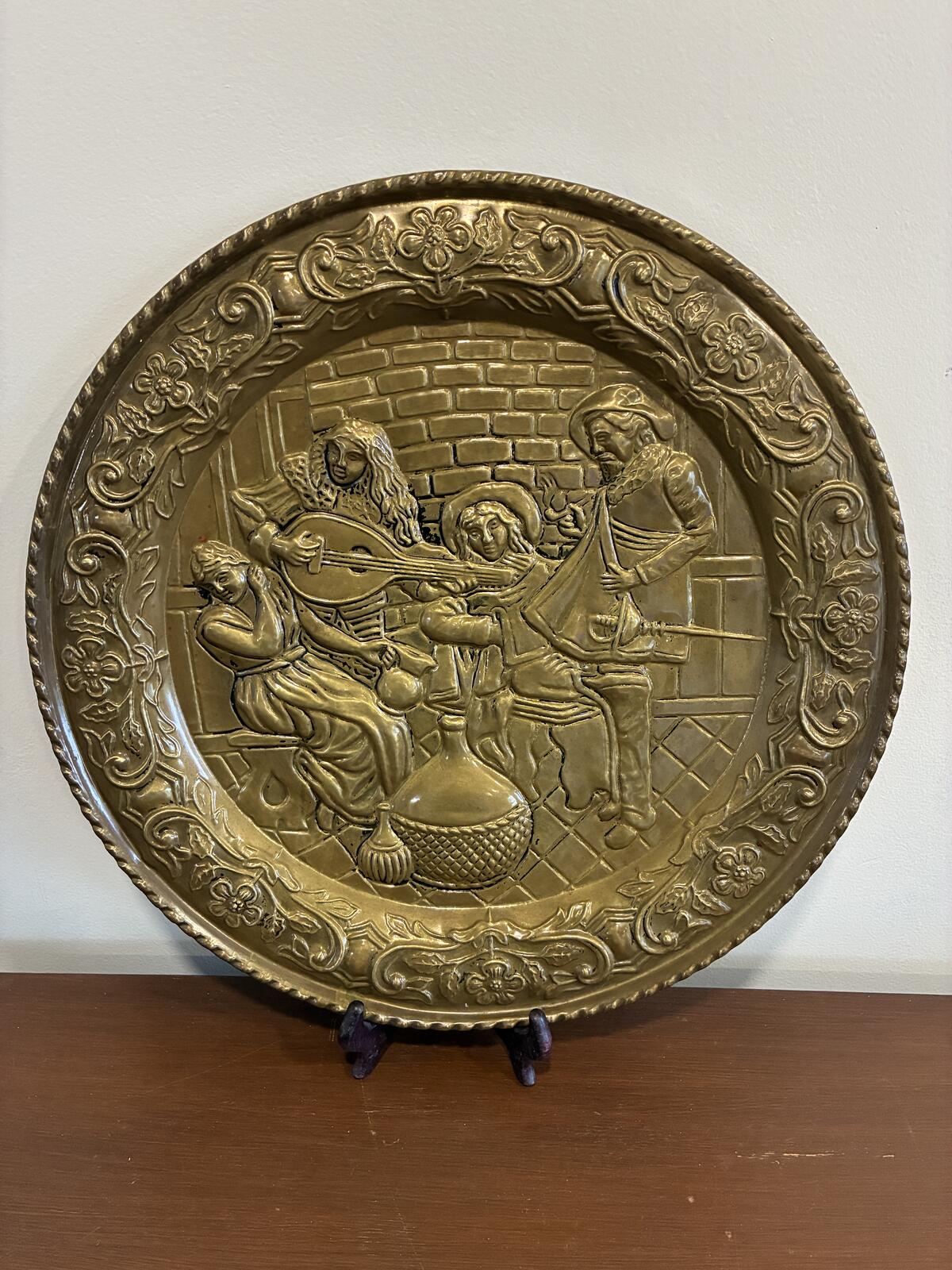 Vintage Brass Embossed Wall Plate | Made in England | Medieval Musicians Scene