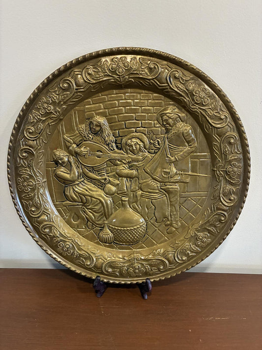 Vintage Brass Embossed Wall Plate | Made in England | Medieval Musicians Scene